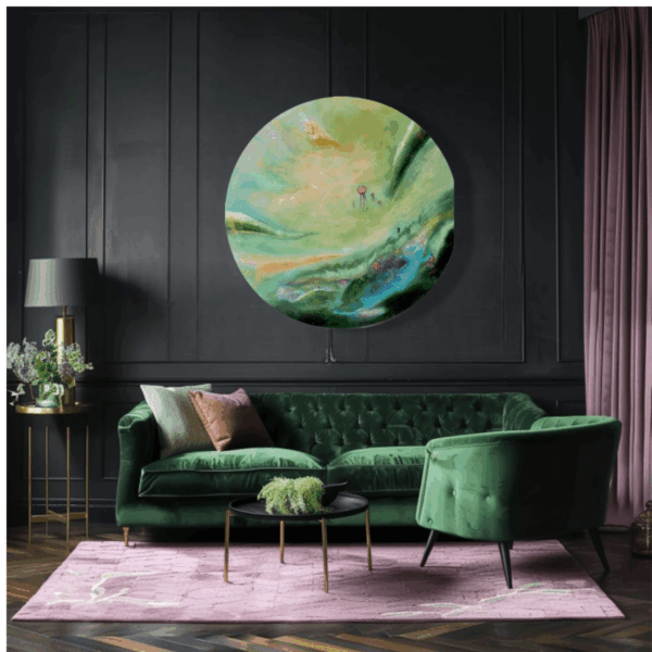 "Under the sea" 90 cm i diameter semiabstrakt tavla akryl på duk