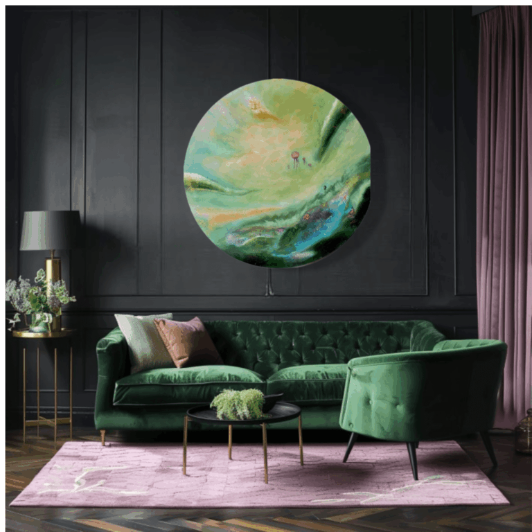 "Under the sea" 90 cm i diameter semiabstrakt tavla akryl på duk