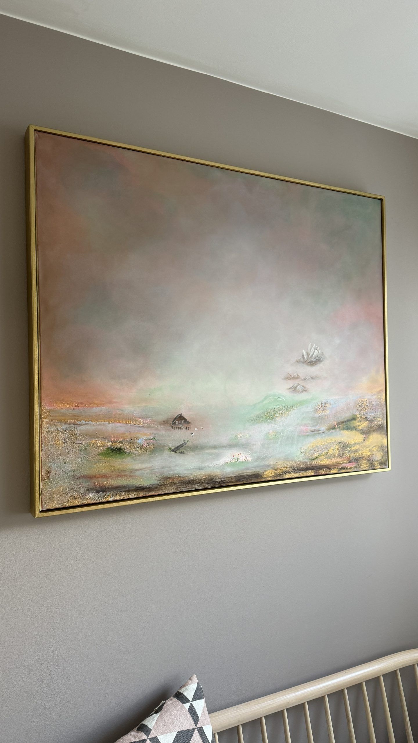 Unik semiabstract tavla i rosa färger ”Drömlika berg” 100*80 cm (inramad)