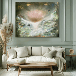 Unik drömlik semiabstrakt tavla i gröna färger med texturerad yta