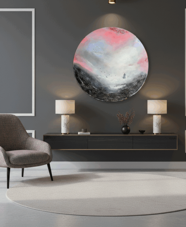 Unik semiabstrakt rund målning  90cm i diameter "Calm in the Storm"