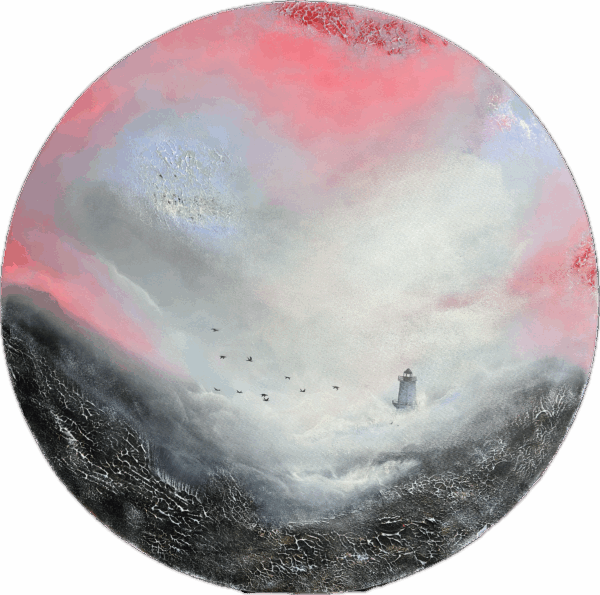 IMG_4151 Unik semiabstrakt rund målning 90cm i diameter "Calm in the Storm"