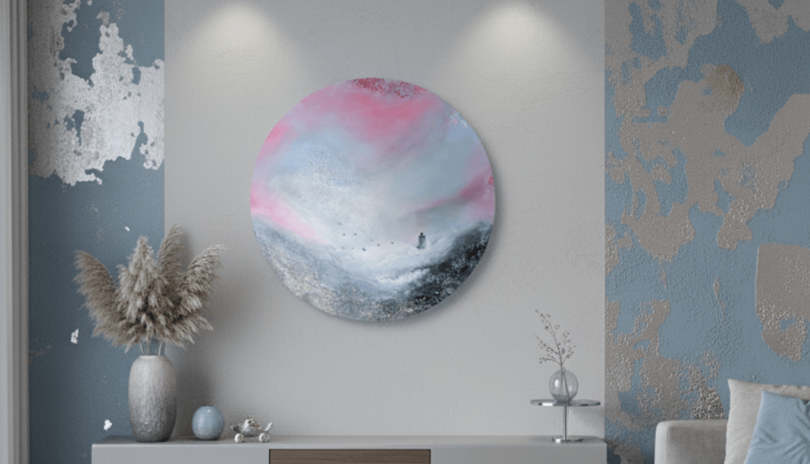 Unik semiabstrakt rund målning  90cm i diameter "Calm in the Storm"