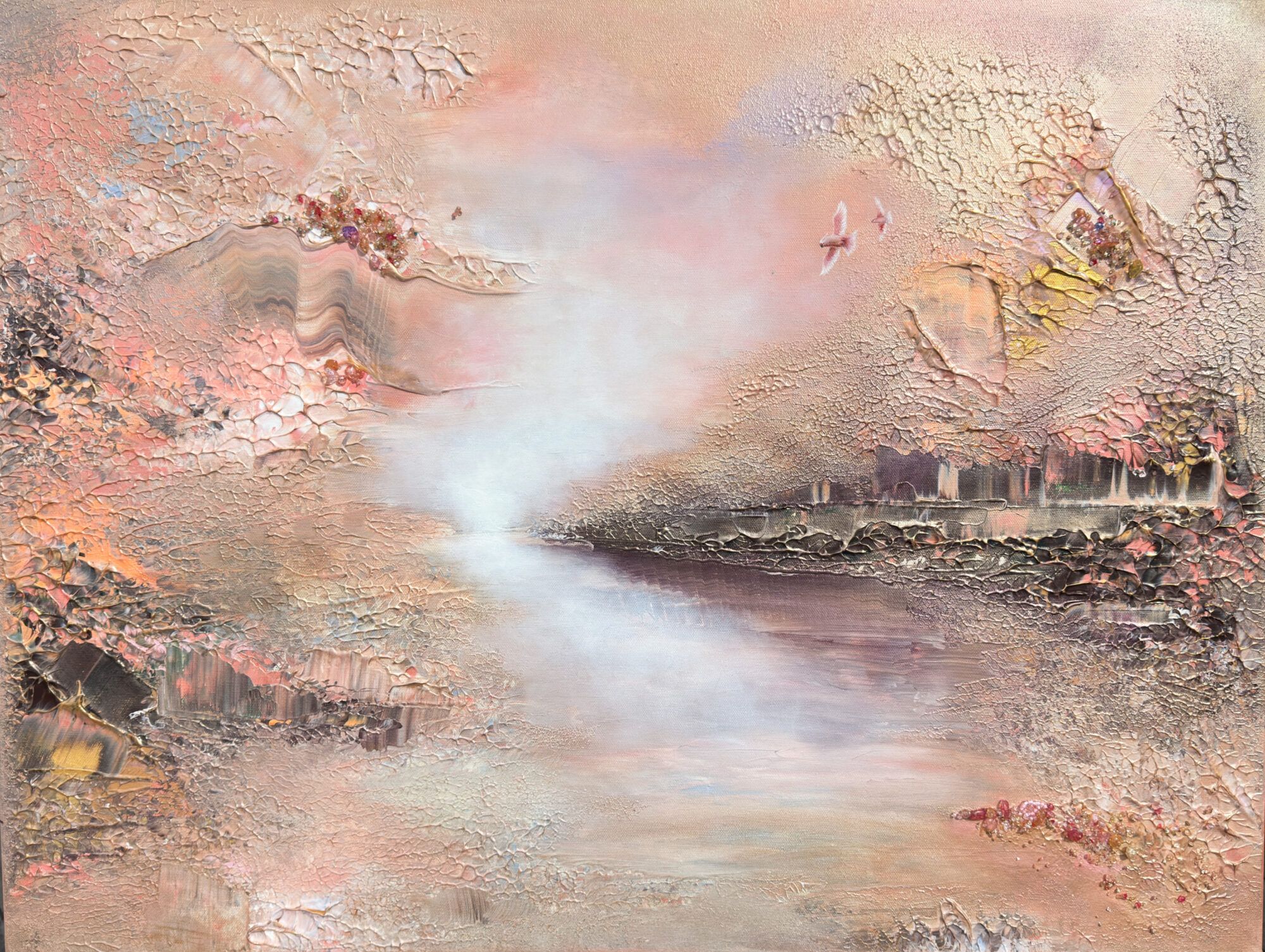 This semi-abstract painting is a part of the Glow Collection. This work explores light as an emotional force — the soft shimmer of water, the golden warmth breaking through mist, the quiet glow that makes you stop and breathe. Materials & Technique